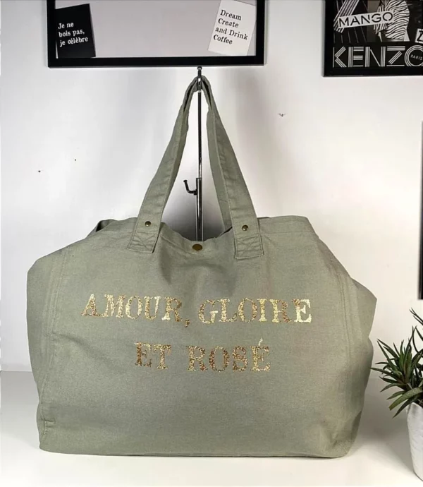 Sac fourre-tout Vert-Sauge "Amour Gloire & Rosé"