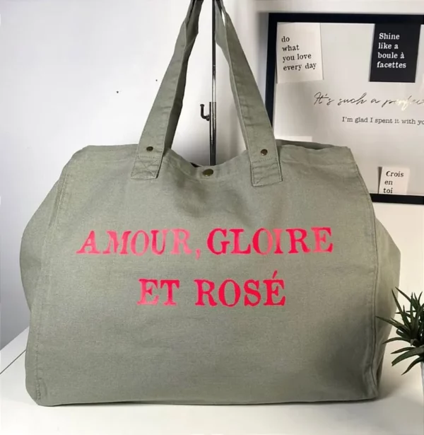 Sac fourre-tout Vert-Sauge « Amour Gloire & Rosé »