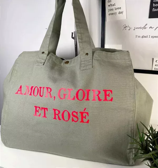 Sac fourre-tout Vert-Sauge « Amour Gloire & Rosé »