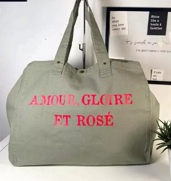 Sac fourre-tout Vert-Sauge « Amour Gloire & Rosé »