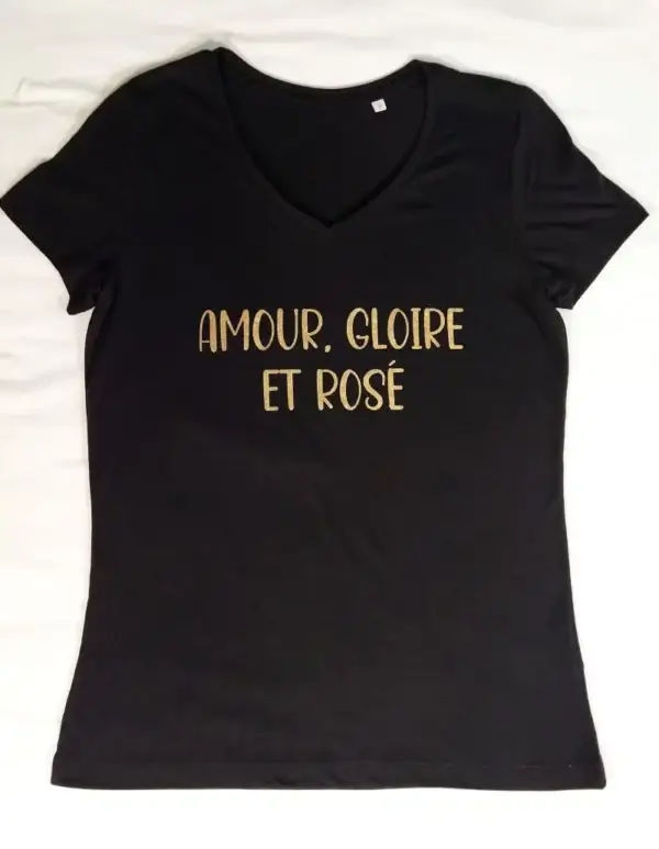 Tee-shirt noir col V « Rosé »