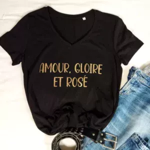 Tee-shirt noir col V « Rosé »