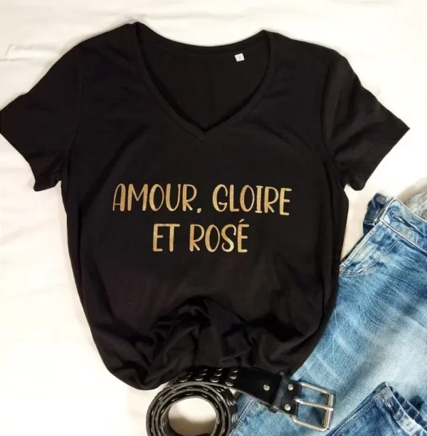 Tee-shirt noir col V « Rosé »