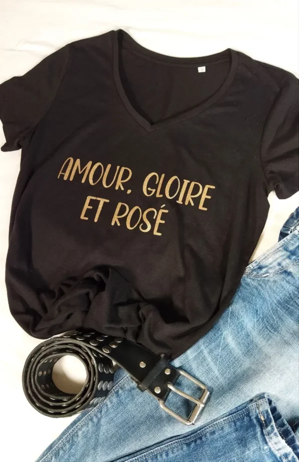 Tee-shirt noir col V « Rosé »