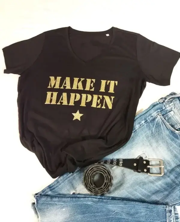 Tee-shirt noir col V « Make It Happen »