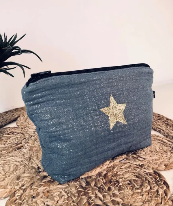 Petite pochette / trousse de maquillage en gaze de coton gris irrisé