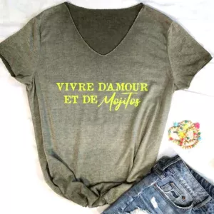 Tee-shirt kaki col V "Vivre d'Amour et de Mojitos" jaune fluo