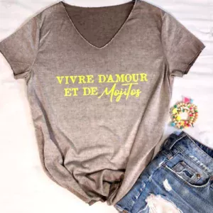 Tee-shirt taupe col V flocage jaune fluo