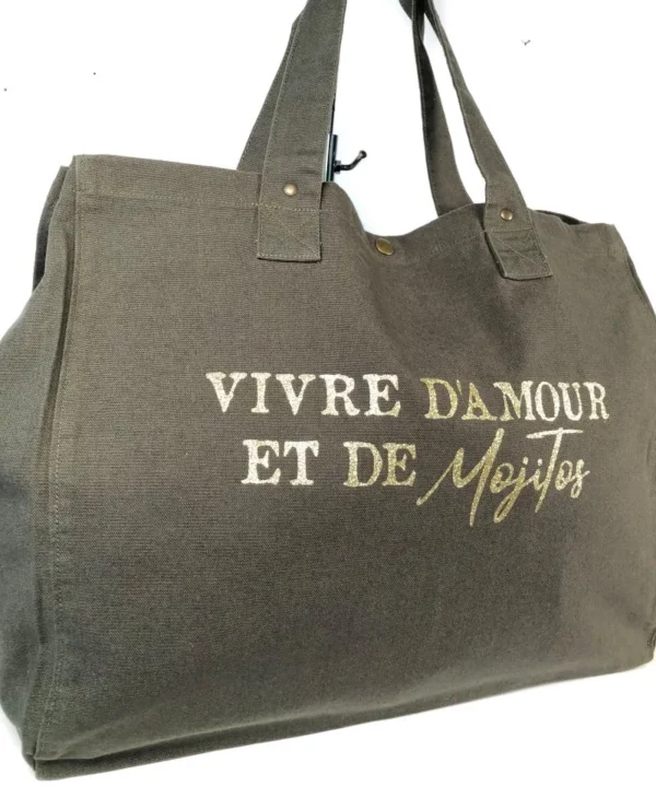 Sac fourre-tout couleur Kombu Green avec flocage "Vivre d'Amour et de Mojitos" en or pailleté