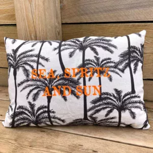 Housse de coussin palmier avec texte "Sea, Spritz and Sun" floqué en orange fluo