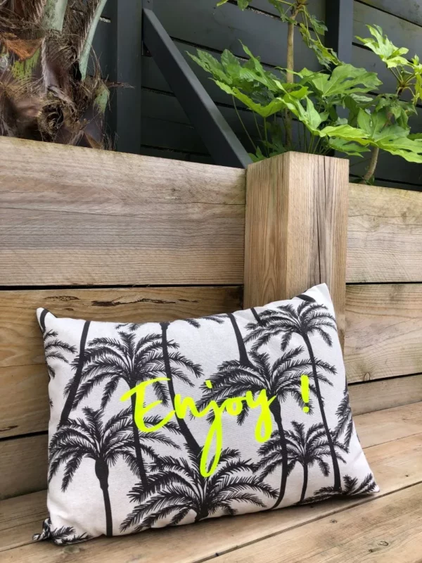 Housse de coussin palmier avec texte "Enjoy" floqué jaune fluo