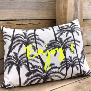 Housse de coussin palmier avec texte "Enjoy" floqué jaune fluo