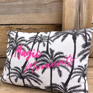 Housse de coussin palmier avec texte "Magic Moments" floqué en rose fluo