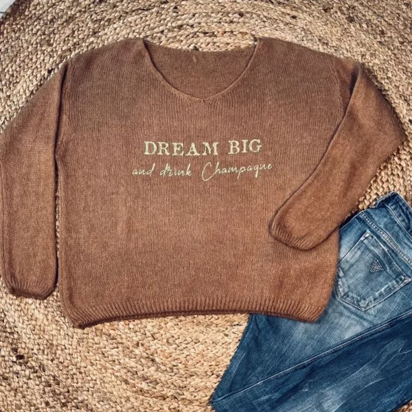 Pull camel pour femme "Dream Big and drink Champagne en or pailleté