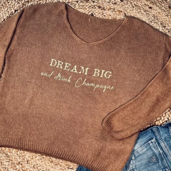 Pull camel pour femme "Dream Big and drink Champagne en or pailleté
