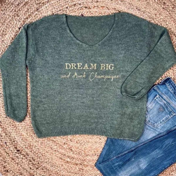 Pull kaki pour femme "Dream Big and drink Champagne en or pailleté