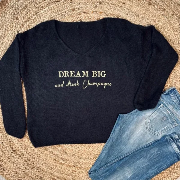 Pull noir pour femme "Dream Big and drink Champagne en or pailleté