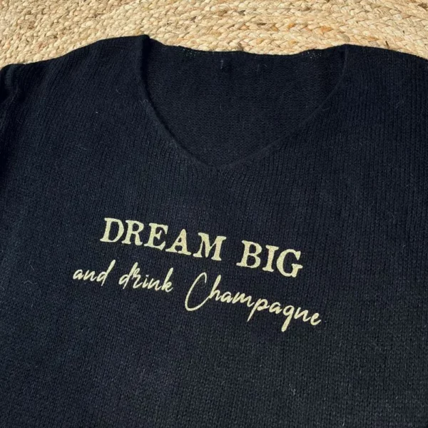 Pull noir pour femme "Dream Big and drink Champagne en or pailleté