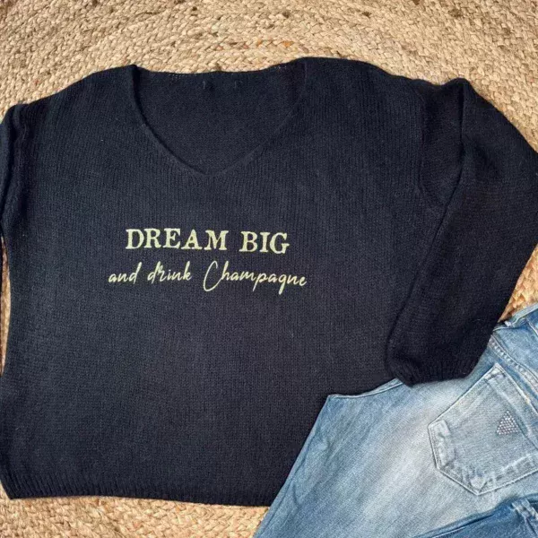 Pull noir pour femme "Dream Big and drink Champagne en or pailleté
