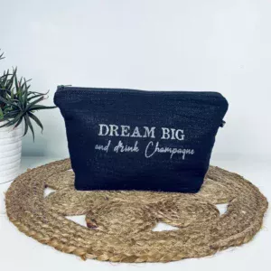 Grande pochette en gaze de coton noir scintillant avec message "Dream big and drink Champagne" en argenté pailleté.