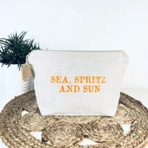 Grande pochette de maquillage en lurex avec slogan "Sea, Spritz and Sun" en orange fluo