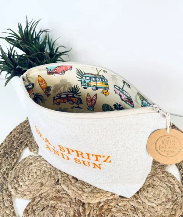 Grande pochette de maquillage en lurex avec slogan "Sea, Spritz and Sun" en orange fluo