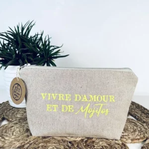 Petite pochette "Vivre d'Amour et de Mojitos" en jaune fluo.