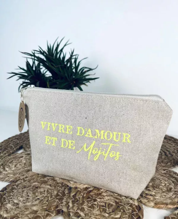 Petite pochette "Vivre d'Amour et de Mojitos" en jaune fluo.