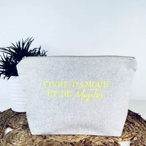 Grande pochette de maquillage en lurex avec slogan "Vivre d'Amour et de Mojitos" en jaune fluo