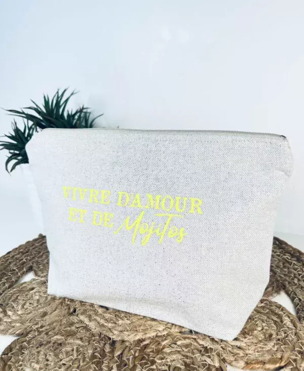 Grande pochette de maquillage en lurex avec slogan "Vivre d'Amour et de Mojitos" en jaune fluo