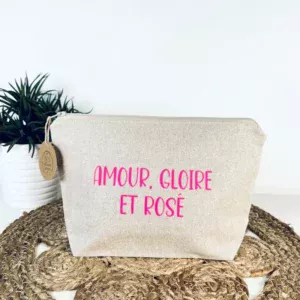 Grande pochette de maquillage en lurex avec slogan "Amour, Gloire et Rosé" en rose fluo