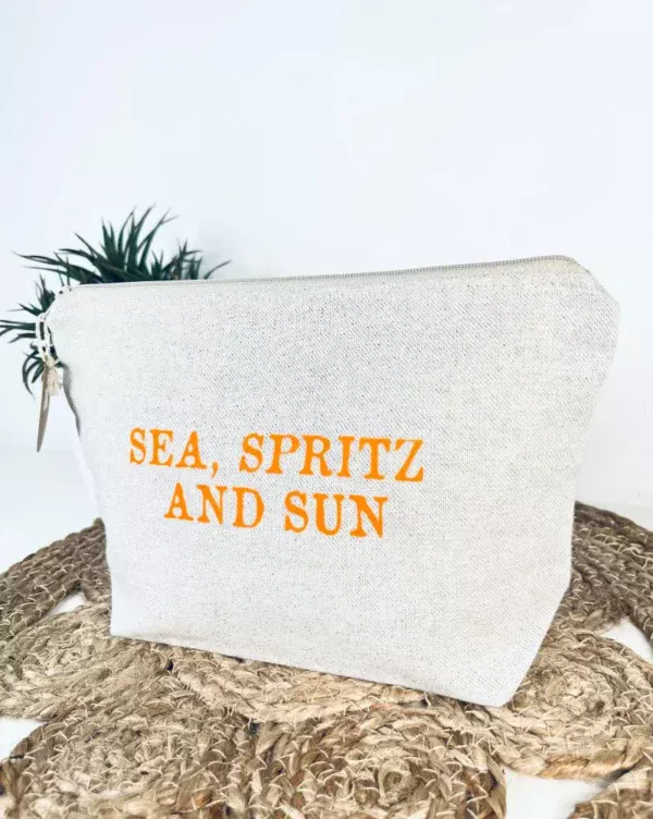 Grande pochette de maquillage en lurex avec slogan "Sea, Spritz and Sun" en orange fluo