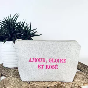 Petite pochette "Amour, Gloire et Rosé" en rose fluo.