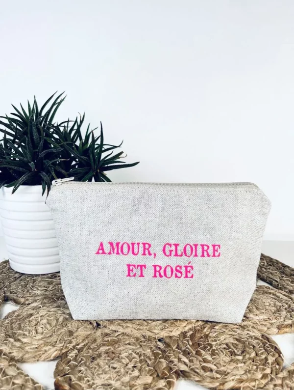 Petite pochette "Amour, Gloire et Rosé" en rose fluo.