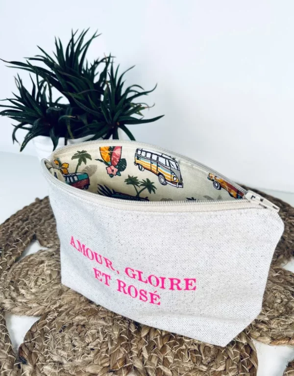Petite pochette "Amour, Gloire et Rosé" en rose fluo.