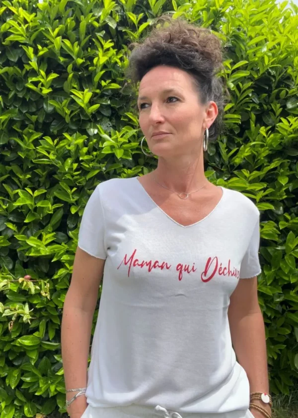 Tee-shirt blanc et rouge "Maman qui Déchire", tee-shirt pour femme, col V, taille unique