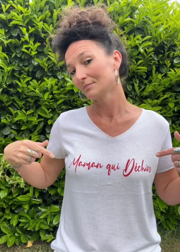Tee-shirt blanc et rouge "Maman qui Déchire", tee-shirt pour femme, col V, taille unique