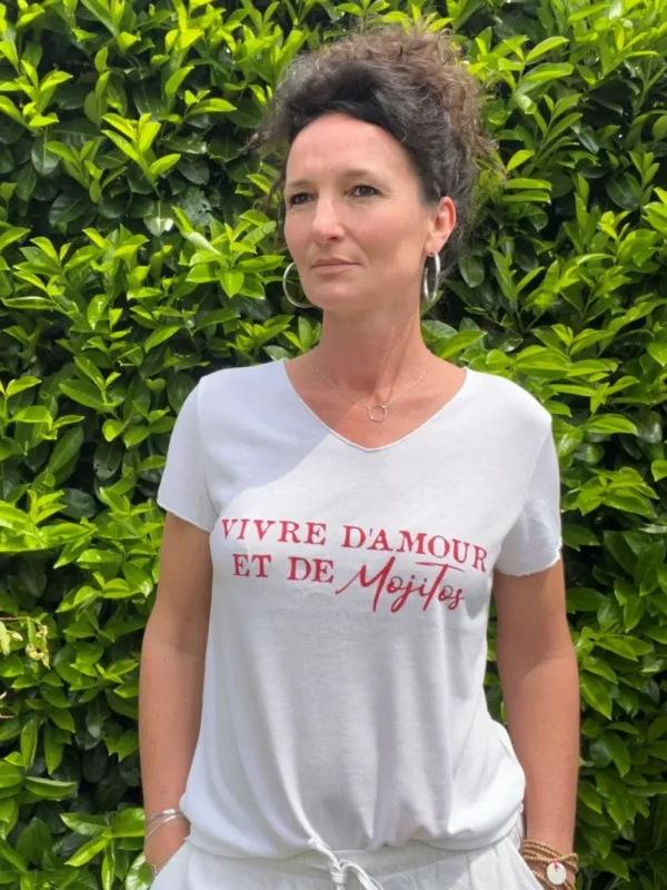 Tee-shirt blanc et rouge "Vivre d'Amour et de Mojitos", tee-shirt pour femme, col V, taille unique