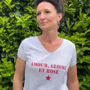 Tee-shirt blanc et rouge "Amour, Gloire et Rosé", tee-shirt pour femme, col V, taille unique