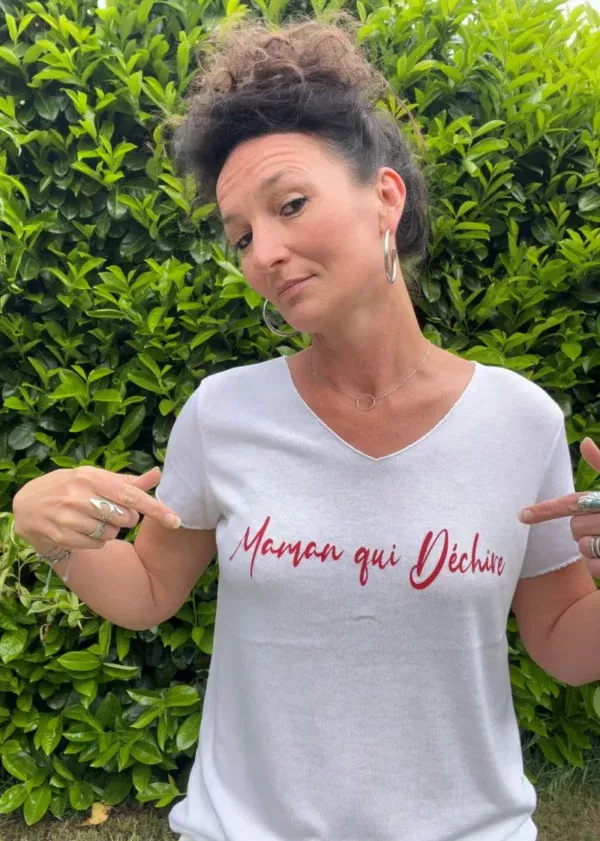 Tee-shirt blanc et rouge "Maman qui Déchire", tee-shirt pour femme, col V, taille unique