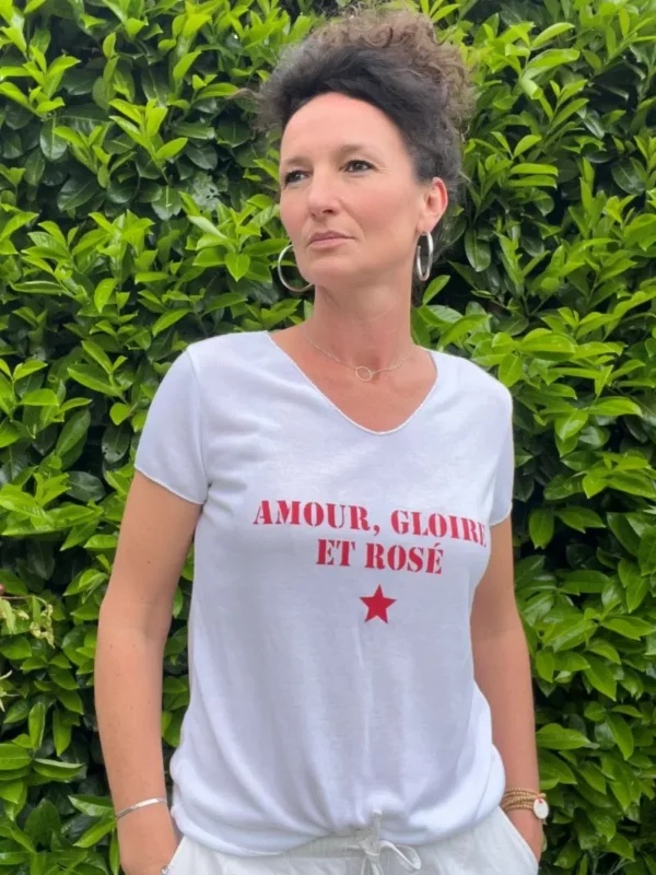 Tee-shirt blanc et rouge "Amour, Gloire et Rosé", tee-shirt pour femme, col V, taille unique