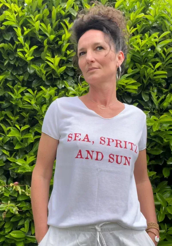 Tee-shirt blanc et rouge "Sea, Spritz and Sun", tee-shirt pour femme, col V, taille unique