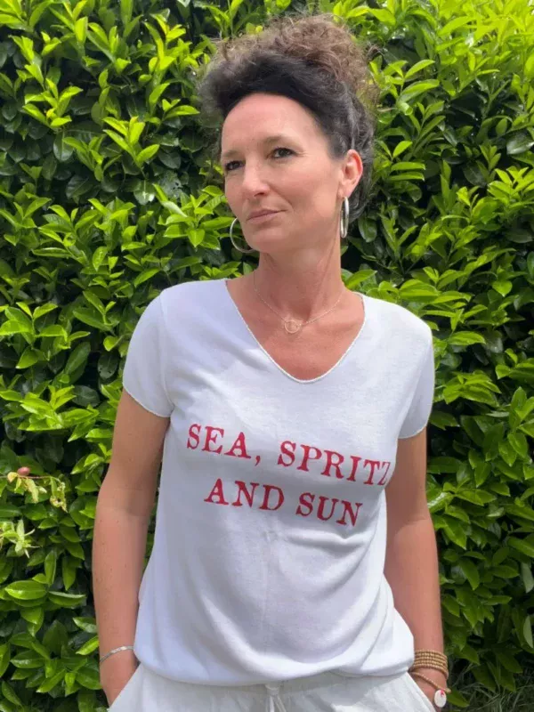 Tee-shirt blanc et rouge "Sea, Spritz and Sun", tee-shirt pour femme, col V, taille unique