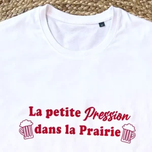 Tee-shirt homme blanc et rouge "La petite pression dans la prairie", tee-shirt spécial Férias.