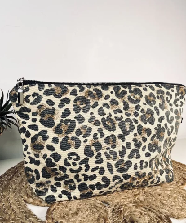 Grande pochette / sac à main léopard avec son printage "Enjoy the ride" en doré pailleté