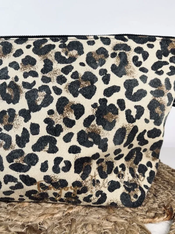 Grande pochette / sac à main léopard avec son printage "Enjoy the ride" en doré pailleté