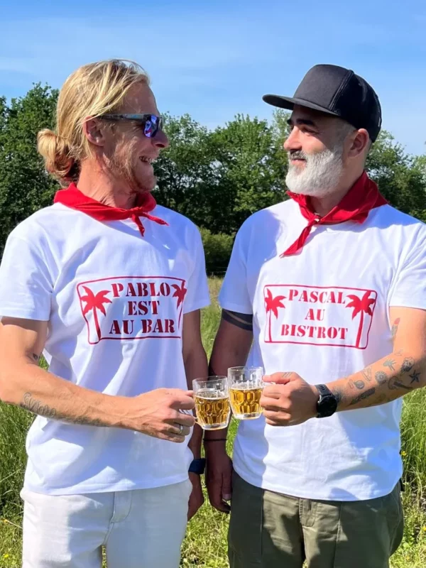 Tee-shirt homme Pablo est au Bar". Tee-shit Blanc et rouge, spécial Férias.