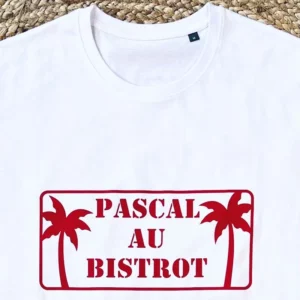 Tee-shirt homme "Pascal au bistrot". Tee-shit Blanc et rouge, spécial Férias.