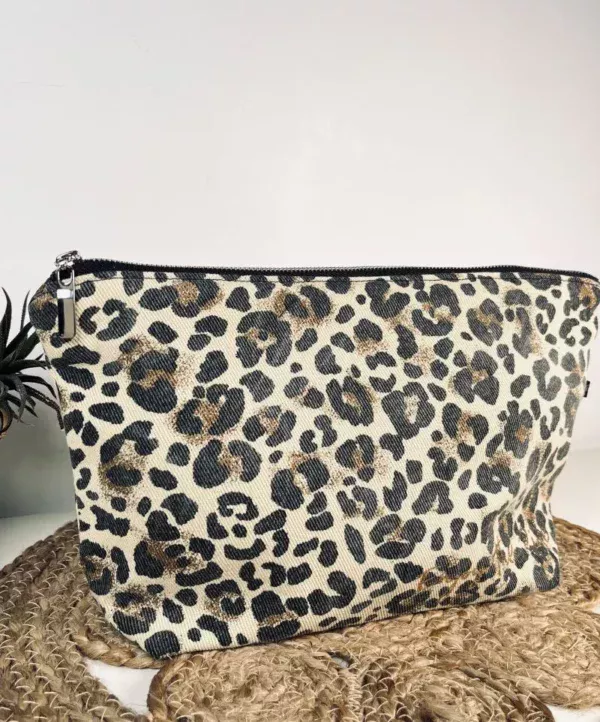 Grande pochette / sac à main léopard avec son printage "Enjoy the ride" en doré pailleté