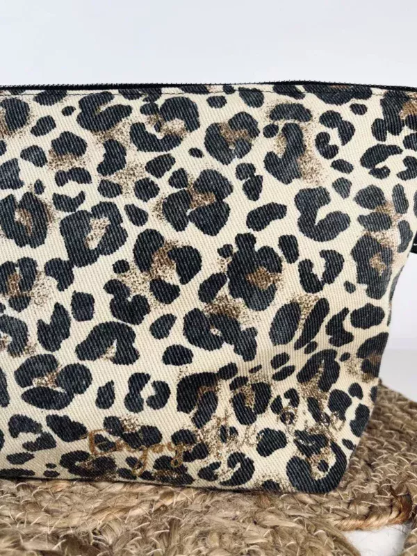 Grande pochette / sac à main léopard avec son printage "Enjoy the ride" en doré pailleté